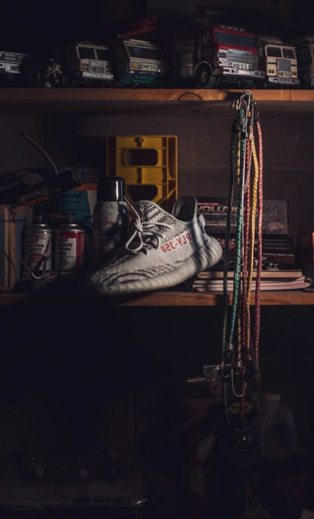 a sneaker in a garage